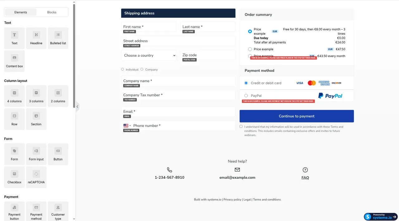 systeme.io checkout builder showing an order form template. The euro amounts are example prices from the template, not a live offer.