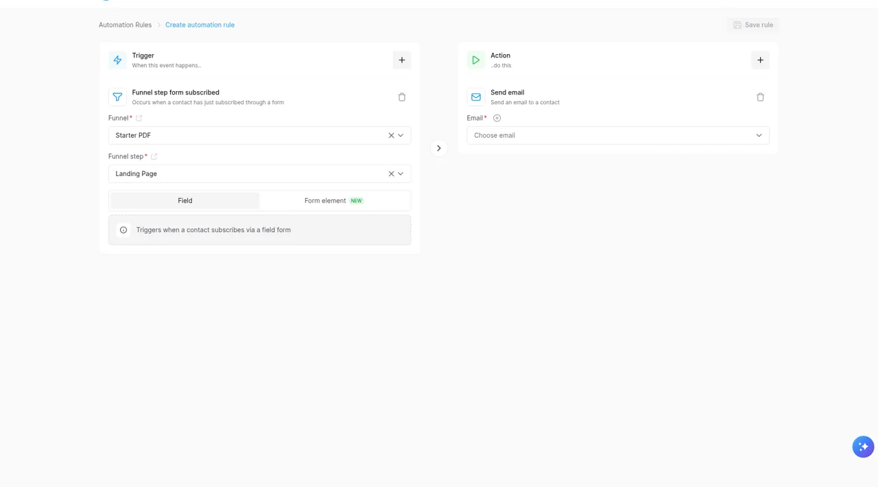 systeme.io automation rule: when someone subscribes on the landing page, send an email
