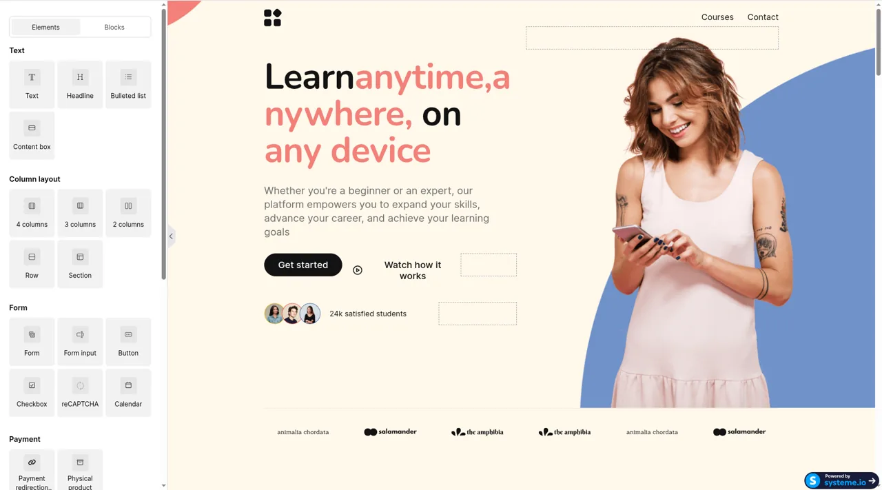 systeme.io funnel editor open on a sales page template, with a headline, a video block, benefit rows, and a call-to-action button